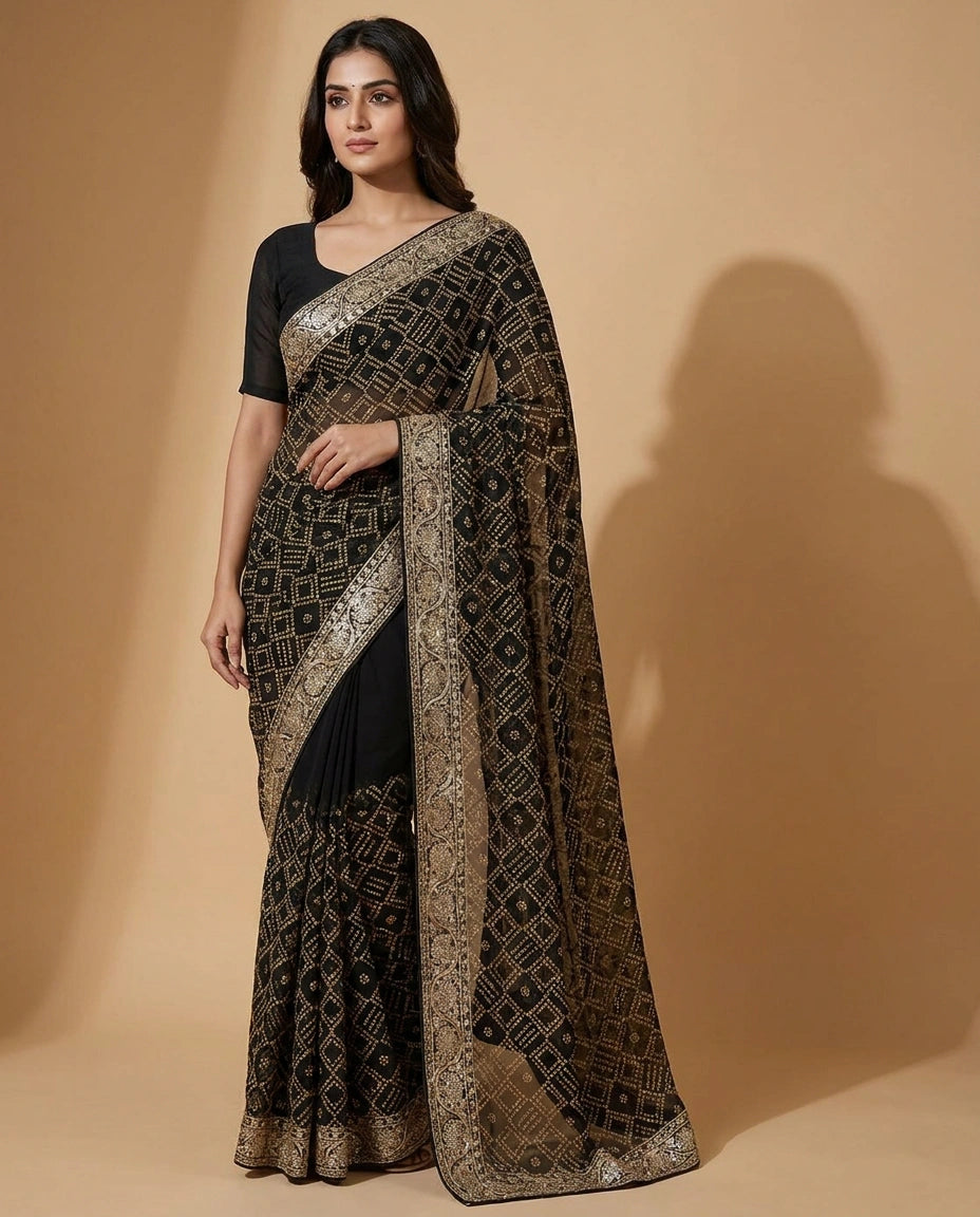Embroidered Georgette Saree with Floral Sequin Detailing view 5