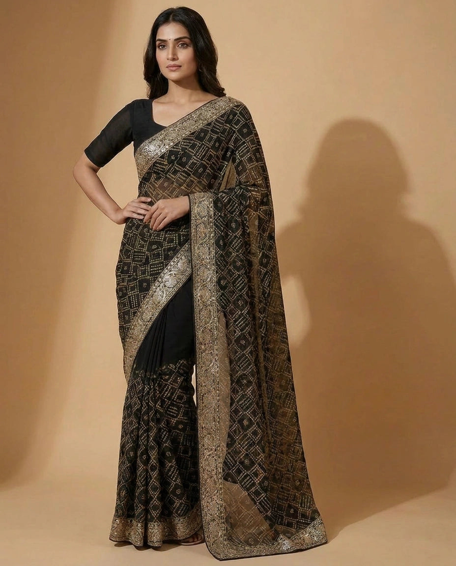 Black Embroidered Georgette Saree with Floral Sequin Detailing