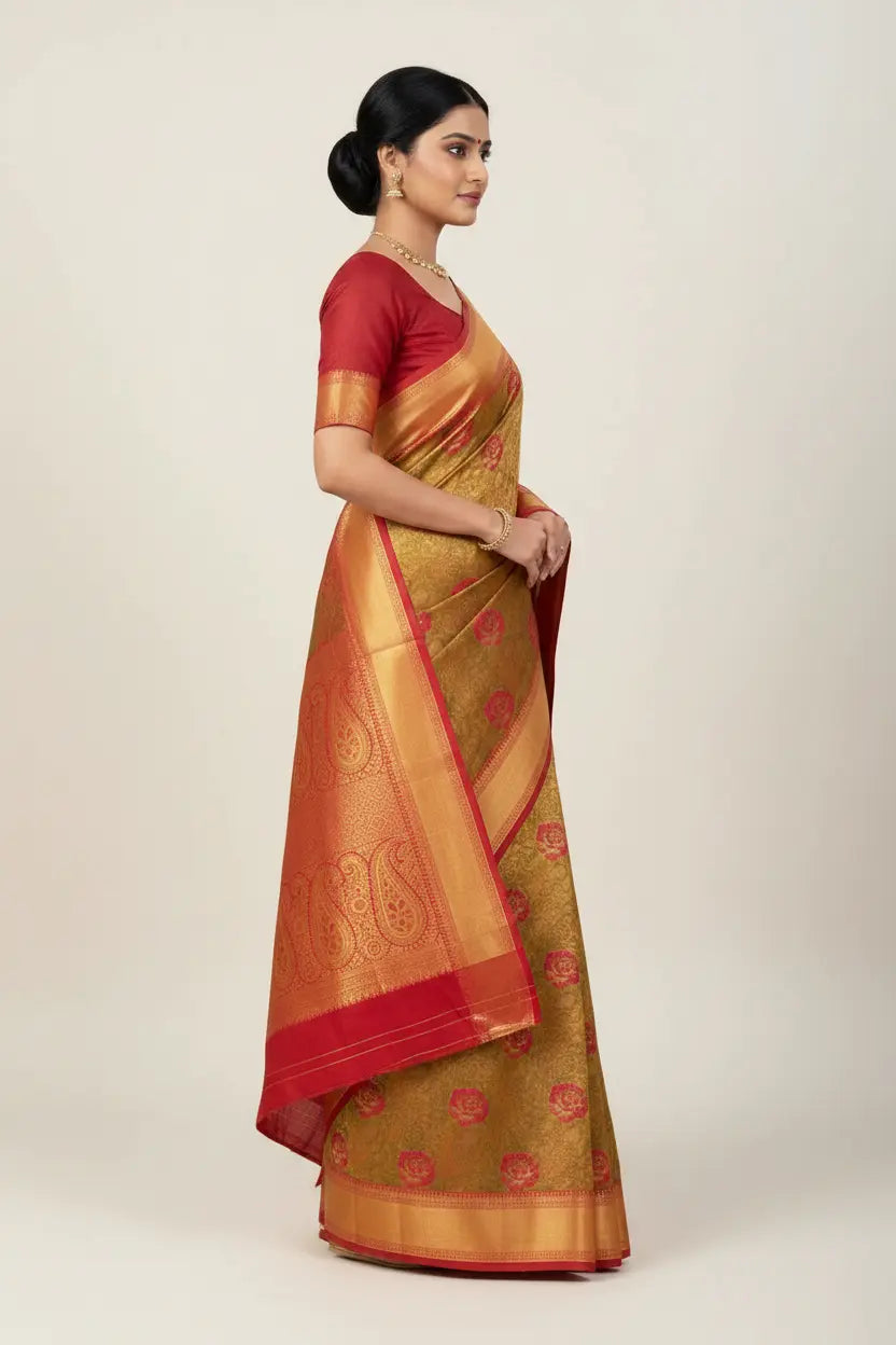 Woman wearing a traditional gold and red saree on a plain background