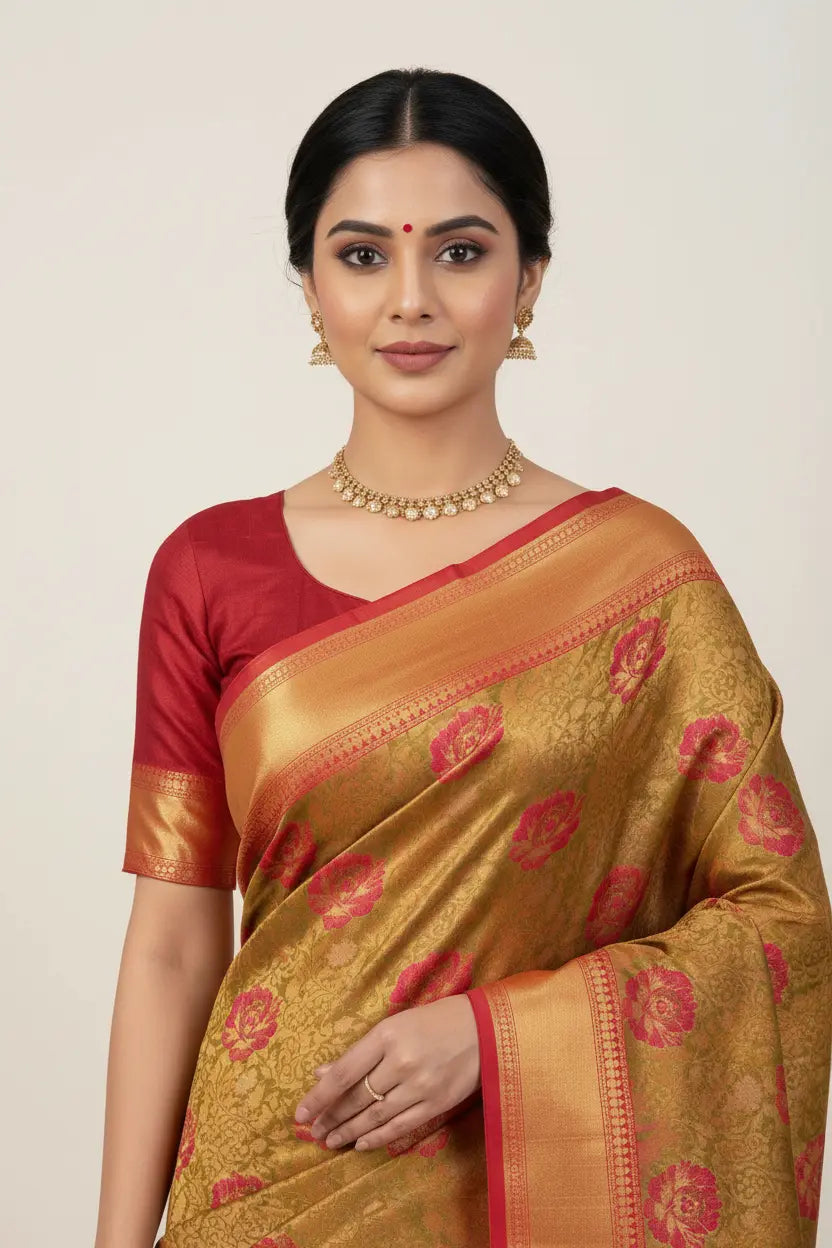 Woman wearing a traditional saree with a red blouse on a plain background