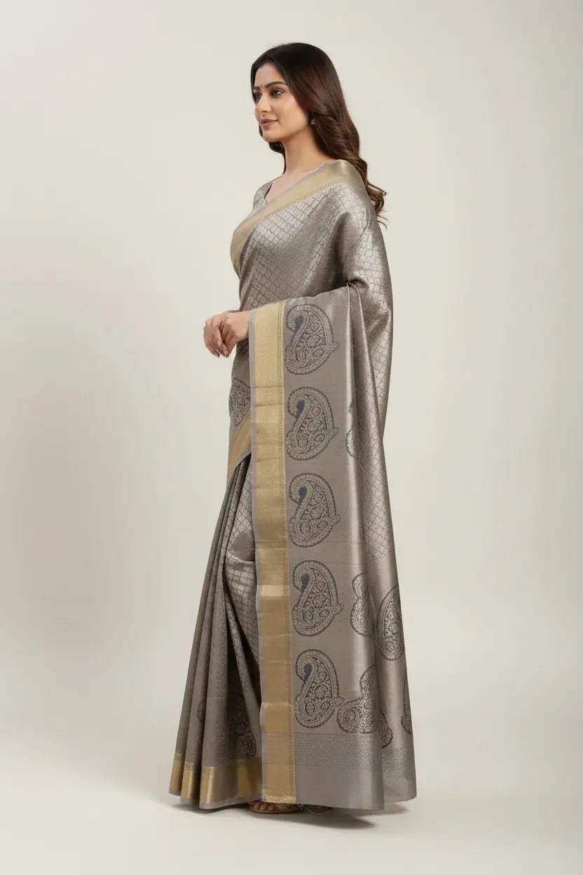 Grey Pure Silk Katan Saree with Paisley Zari Buti and Gold Border - Rangoli India