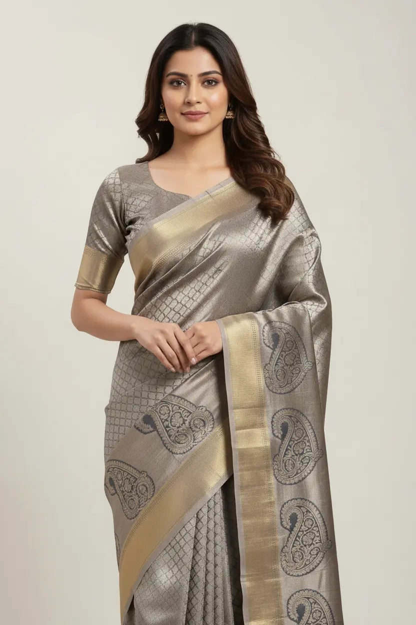 Woman wearing a gray saree with gold accents on a white background