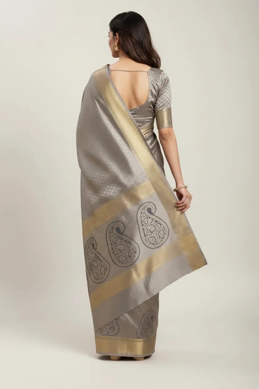 Grey Pure Silk Katan Saree with Paisley Zari Buti and Gold Border - Rangoli India