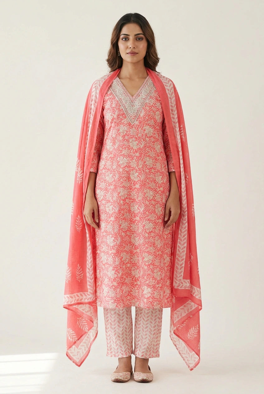 Pink Cotton Straight Suit with Bandhej Print for Casual Outings