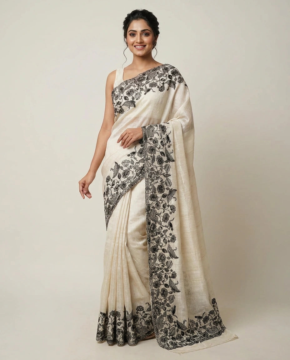 Tussar Linen Embroidered Saree - Rangoli India