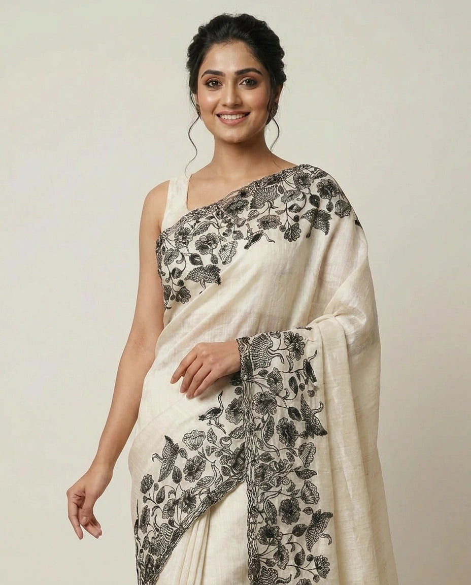 Tussar Linen Embroidered Saree - Rangoli India