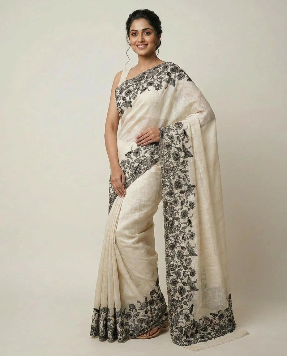 Tussar Linen Embroidered Saree - Rangoli India