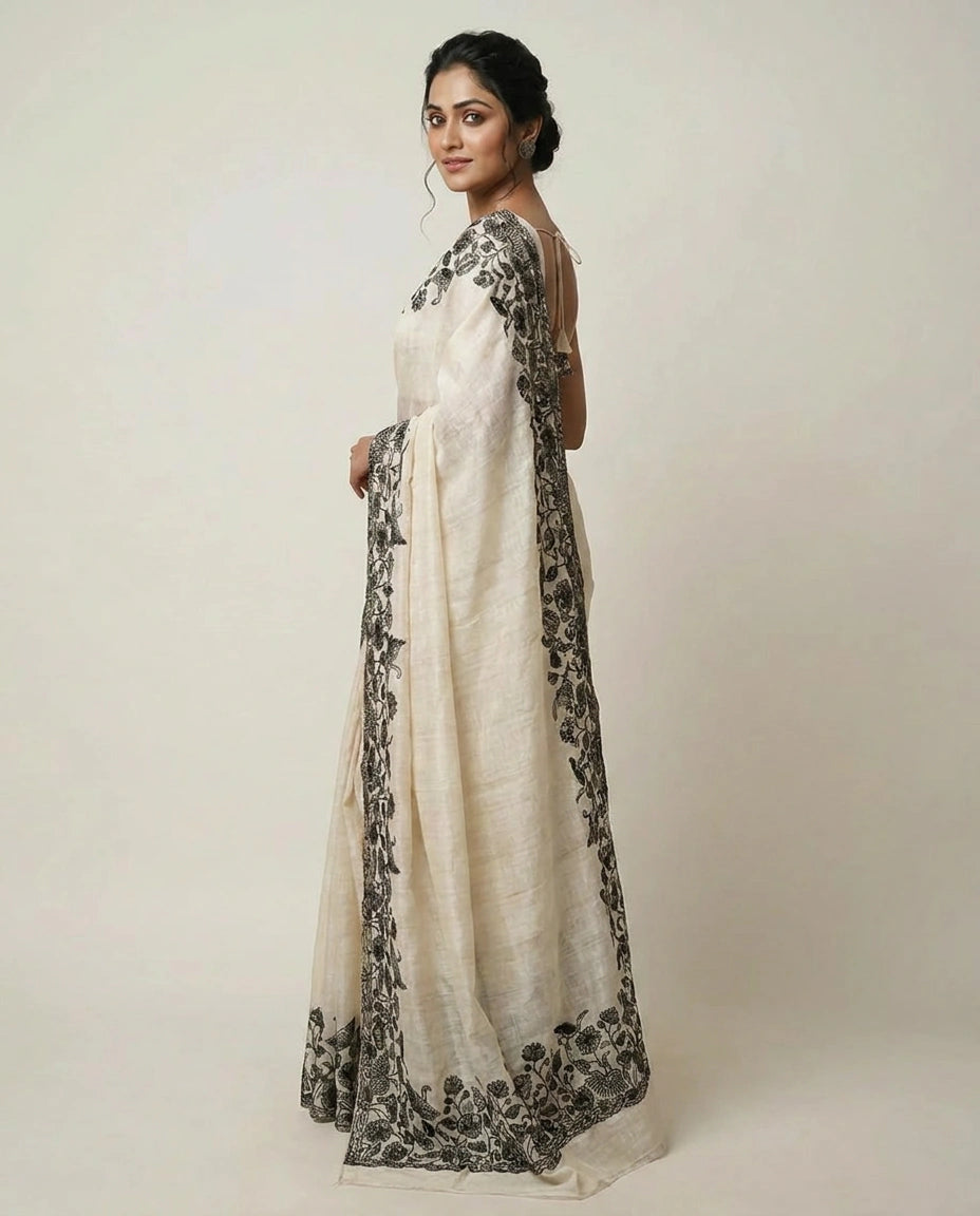 Tussar Linen Embroidered Saree - Rangoli India