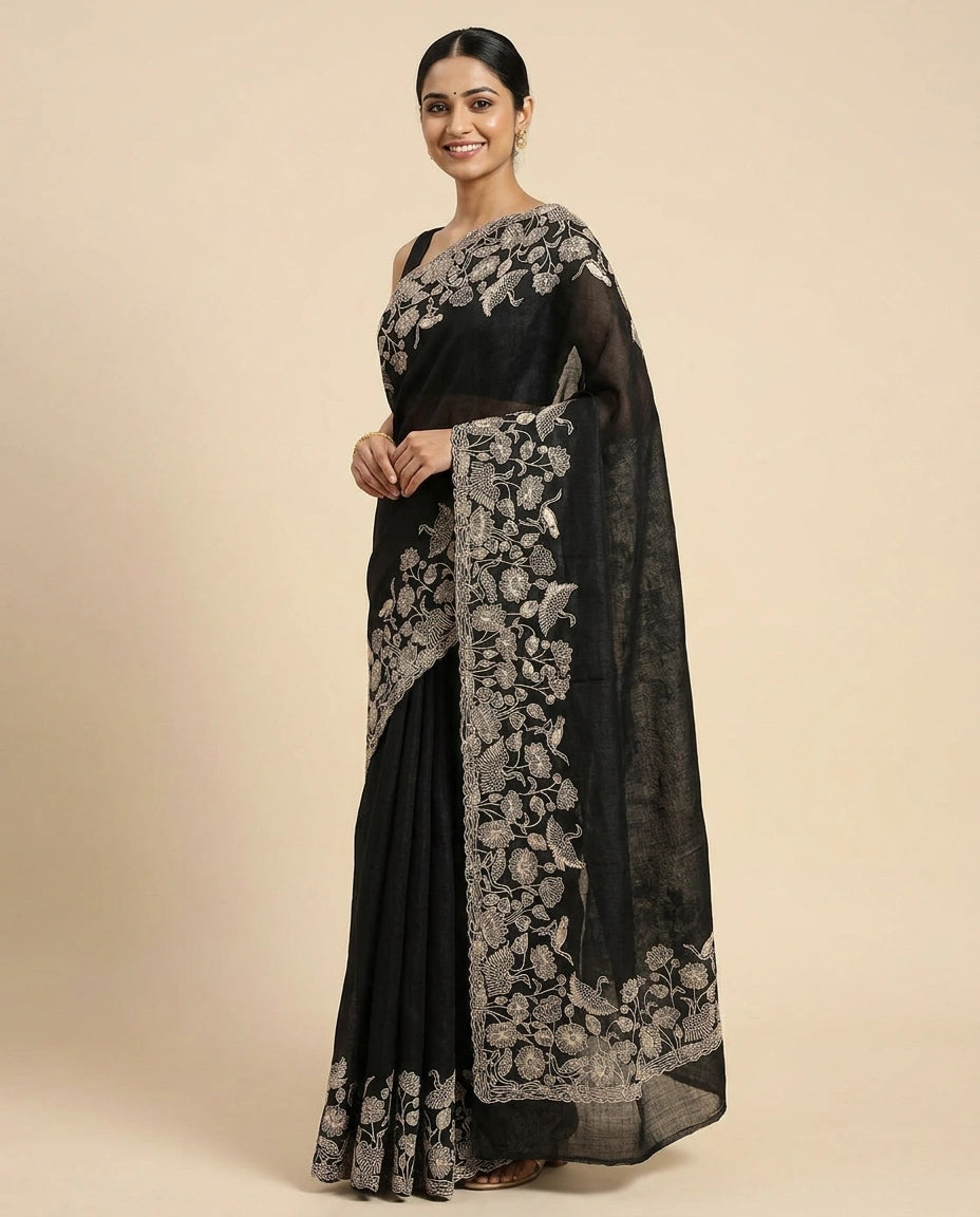 Tussar Linen Embroidered Saree - Rangoli India