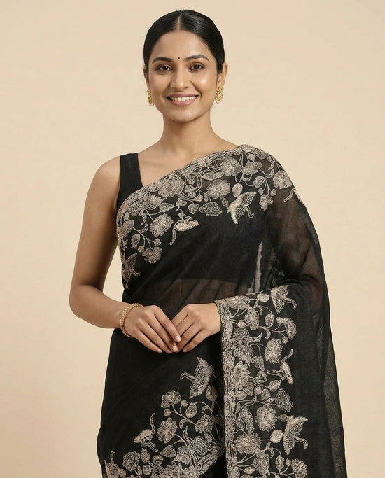 Tussar Linen Embroidered Saree - Rangoli India