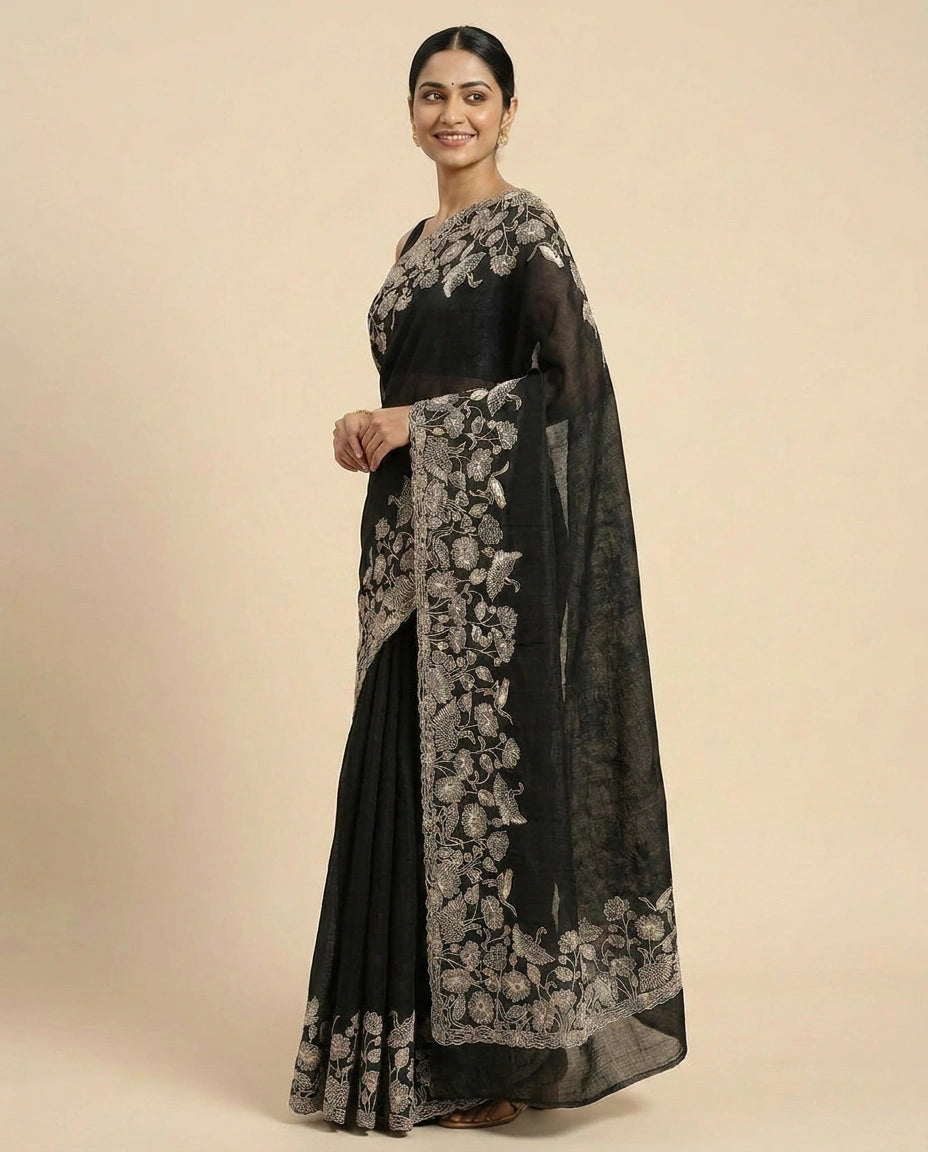 Tussar Linen Embroidered Saree - Rangoli India