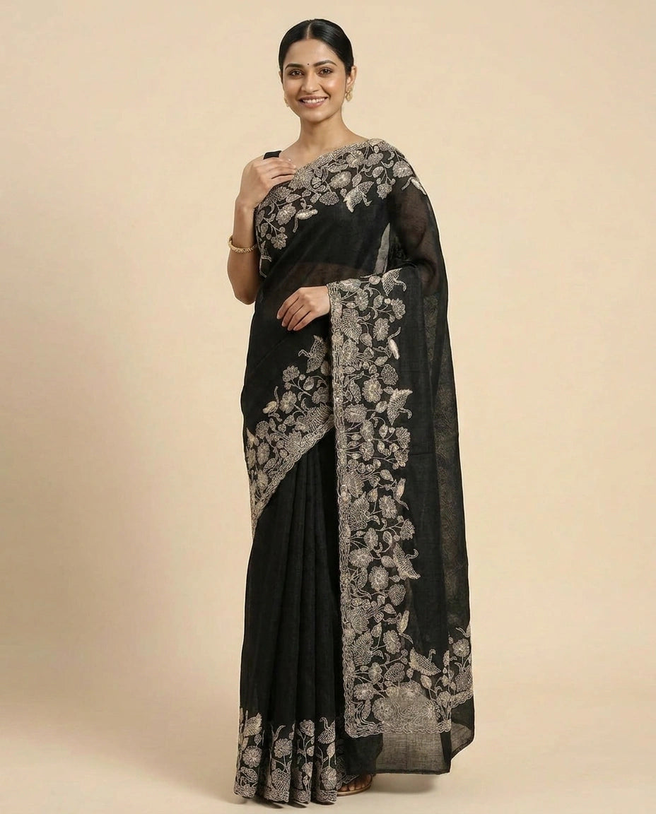 Tussar Linen Embroidered Saree - Rangoli India