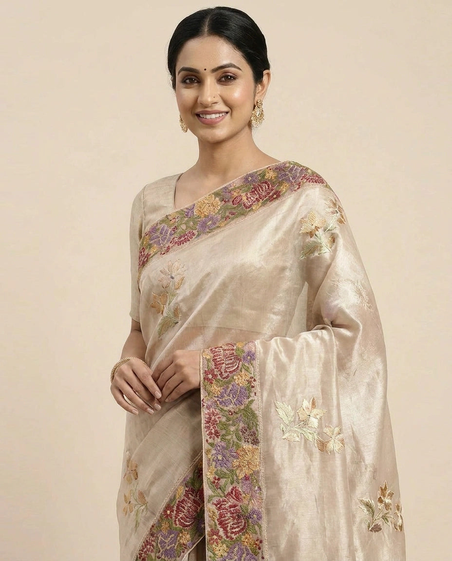Embroidered Saree in Tissue - Rangoli India