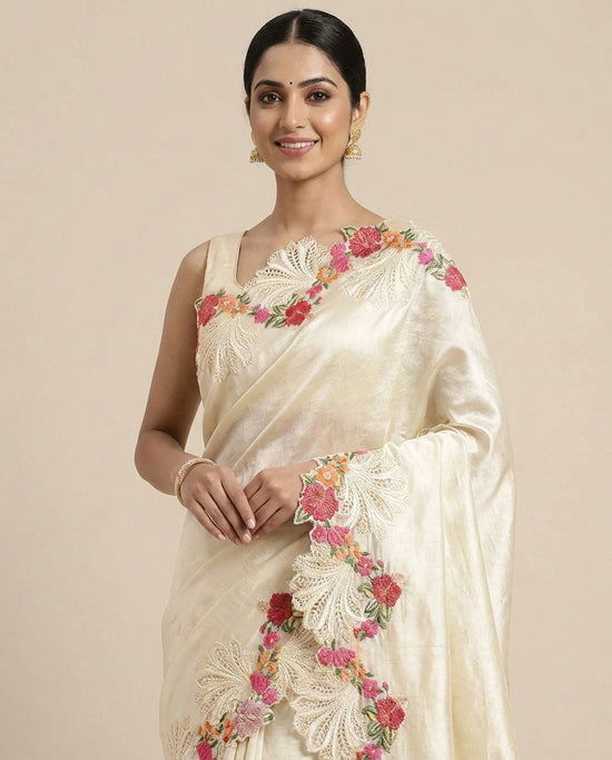 Embroidered Saree with Scalloped Border - Rangoli India