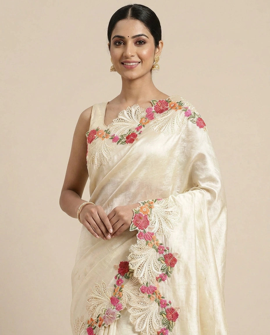 Embroidered Saree with Scalloped Border - Rangoli India