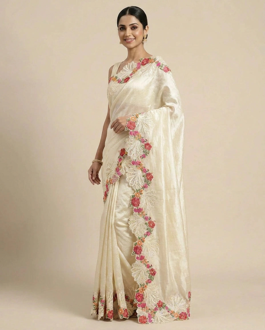 Embroidered Saree with Scalloped Border - Rangoli India