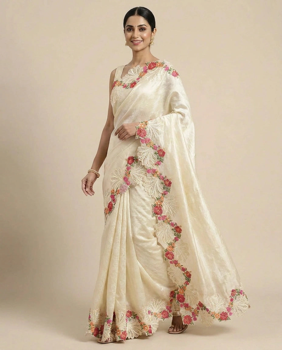 Embroidered Saree with Scalloped Border - Rangoli India