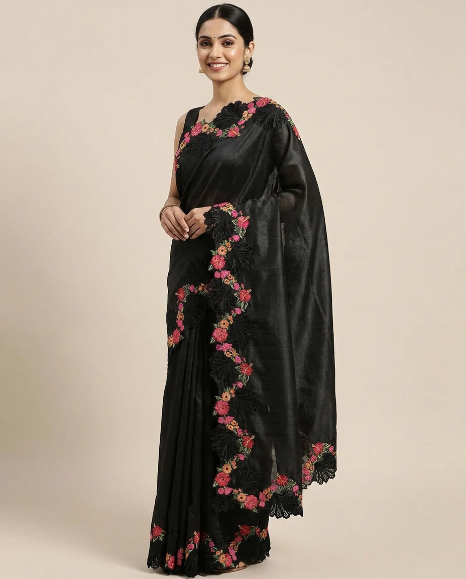 Embroidered Saree with Scalloped Border - Rangoli India
