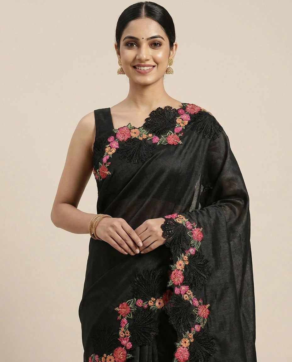 Embroidered Saree with Scalloped Border - Rangoli India