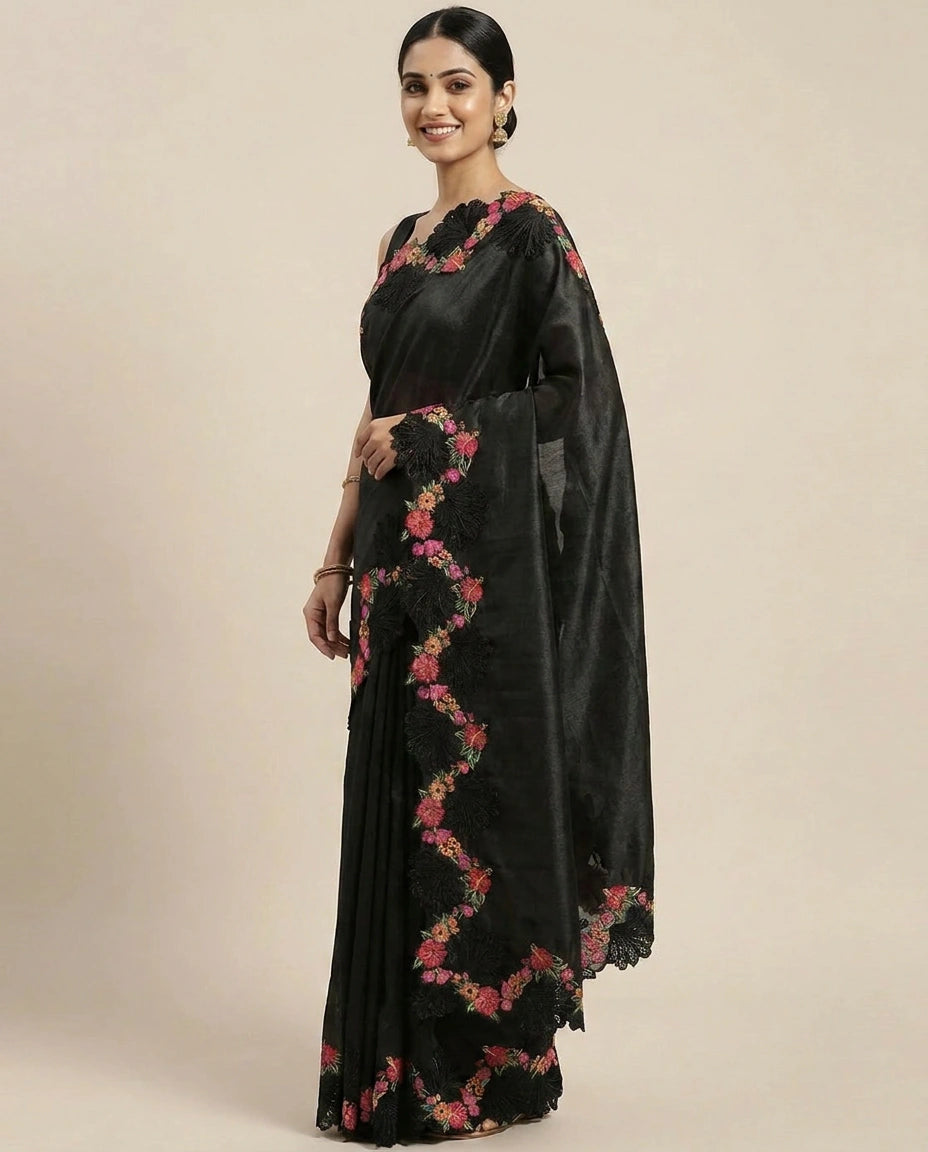 Embroidered Saree with Scalloped Border - Rangoli India