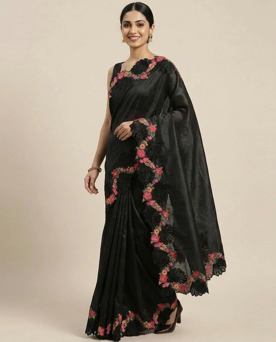 Embroidered Saree with Scalloped Border - Rangoli India