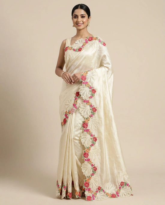 Embroidered Saree with Scalloped Border - Rangoli India