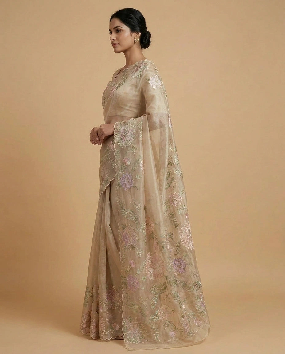 Crush Tissue Saree with Hand-Embroidered Zari Floral Work by Rangoli