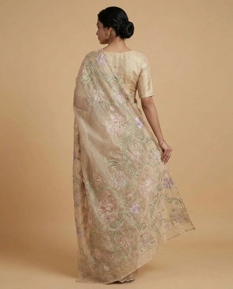 Crush Tissue Saree with Hand-Embroidered Zari Floral Work by Rangoli