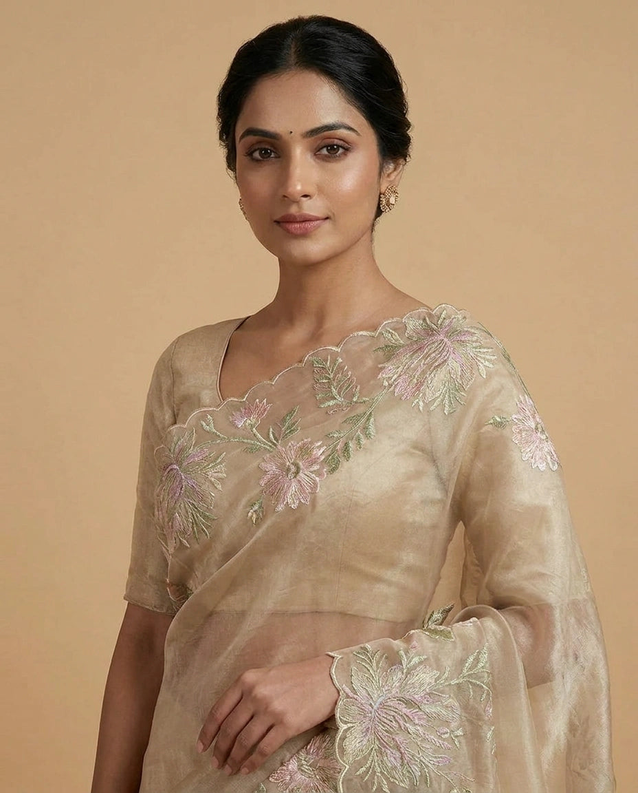 Crush Tissue Saree with Hand-Embroidered Zari Floral Work