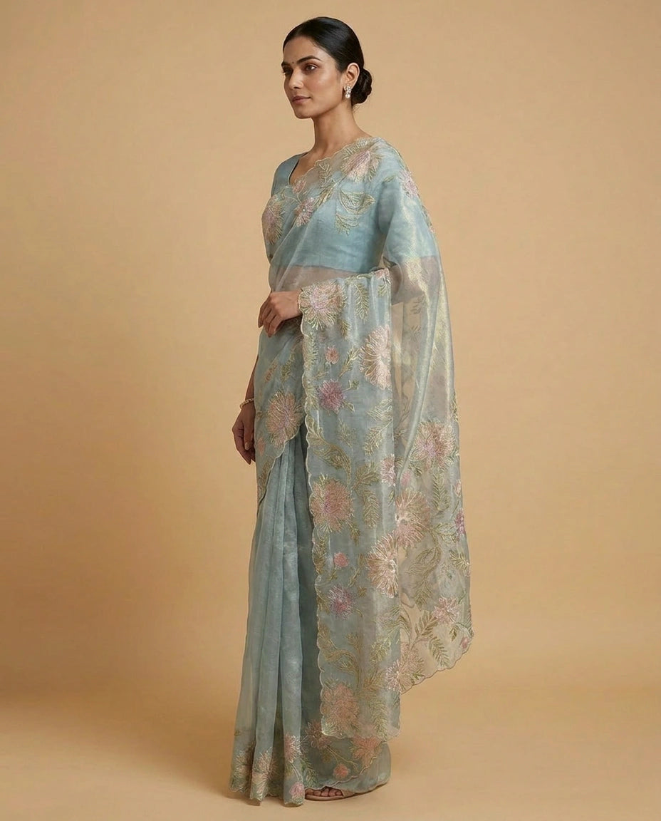 Crush Tissue Saree with Hand-Embroidered Zari Floral Work by Rangoli