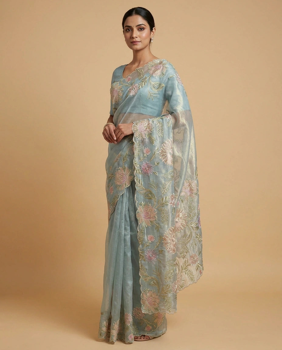 Crush Tissue Saree with Hand-Embroidered Zari Floral Work by Rangoli
