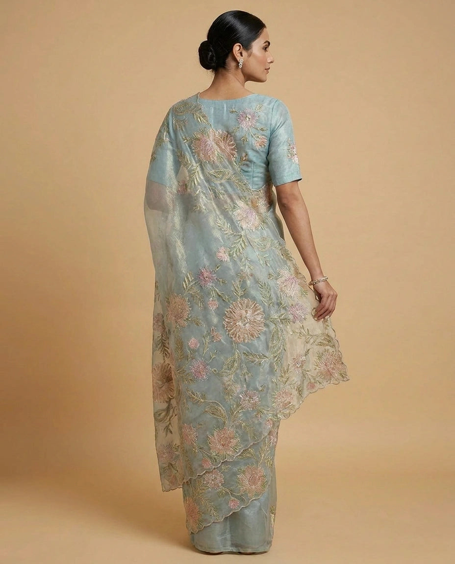Crush Tissue Saree with Hand-Embroidered Zari Floral Work by Rangoli
