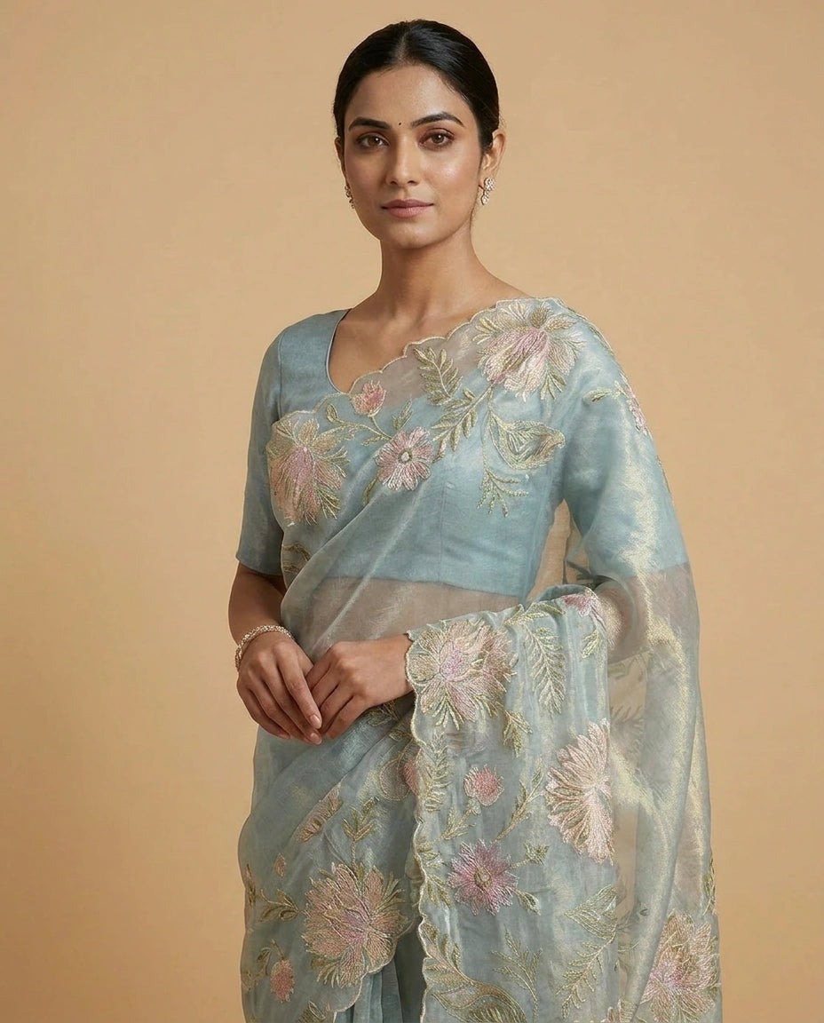 Crush Tissue Saree with Hand-Embroidered Zari Floral Work by Rangoli