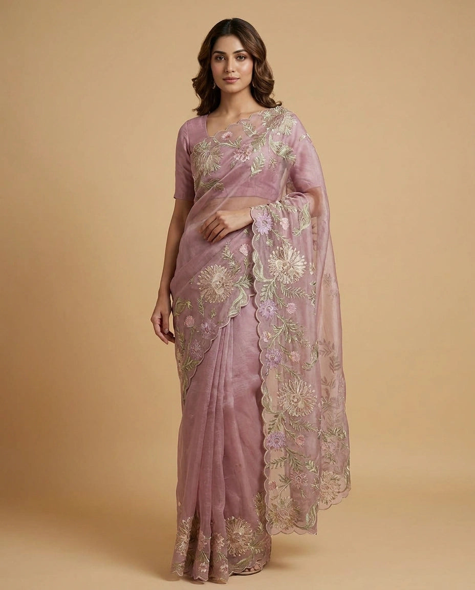 Crush Tissue Saree with Hand-Embroidered Zari Floral Work by Rangoli