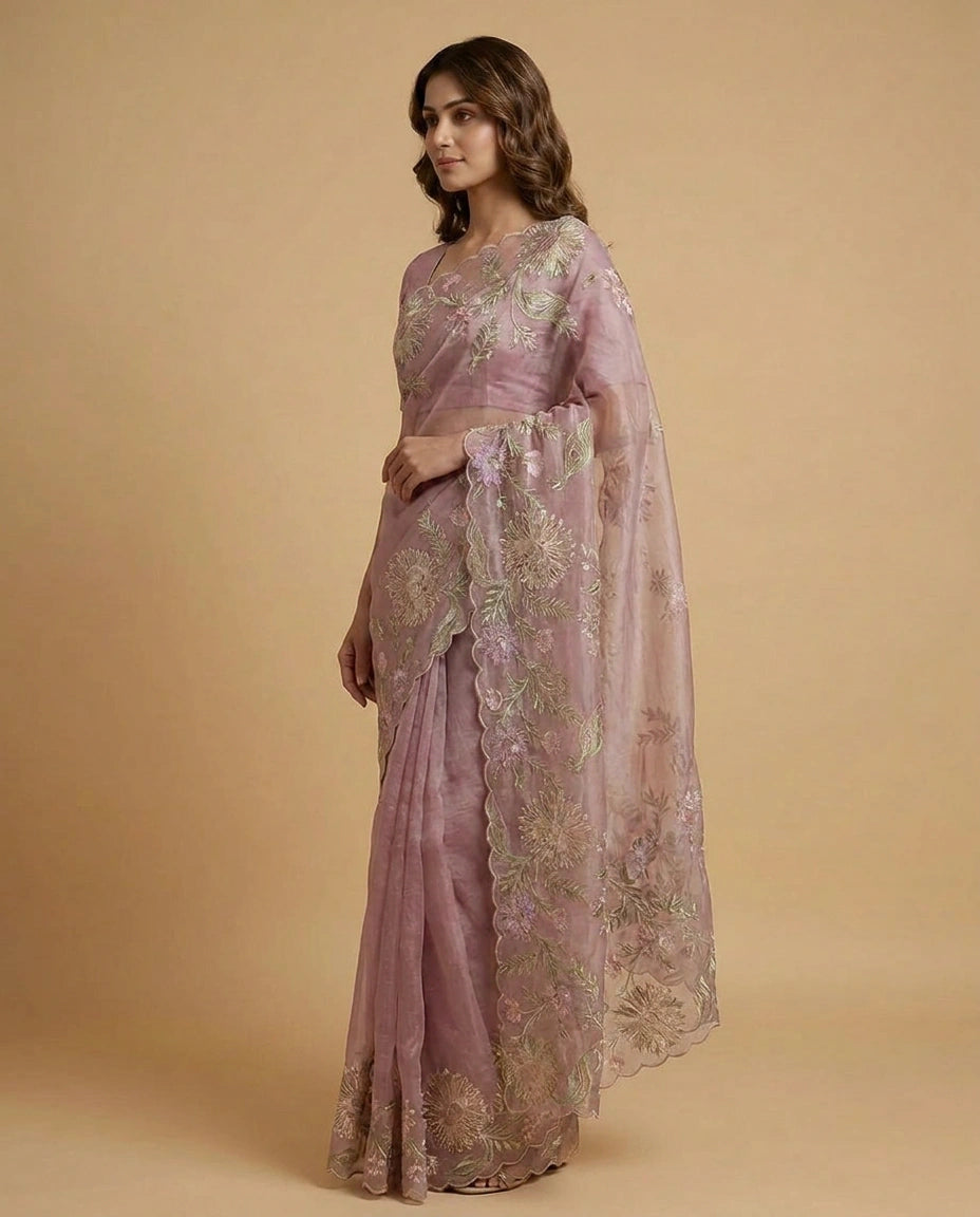 Crush Tissue Saree with Hand-Embroidered Zari Floral Work by Rangoli