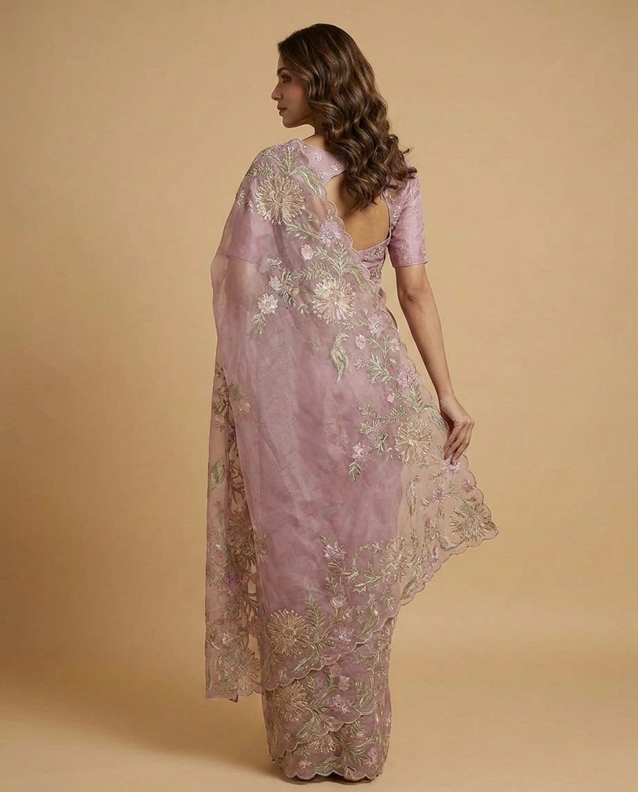 Crush Tissue Saree with Hand-Embroidered Zari Floral Work by Rangoli