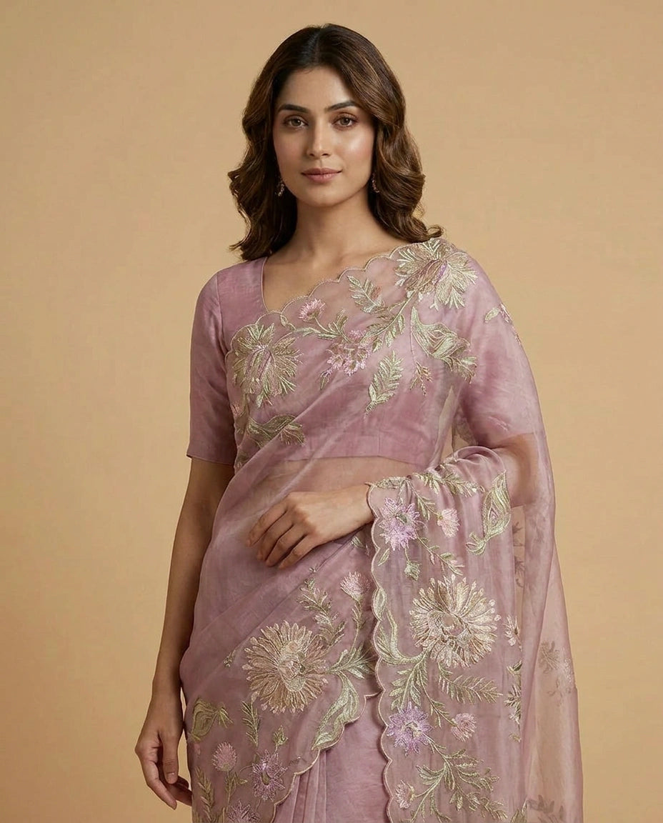 Crush Tissue Saree with Hand-Embroidered Zari Floral Work by Rangoli