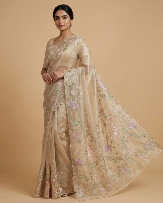 Crush Tissue Saree with Hand-Embroidered Zari Floral Work by Rangoli