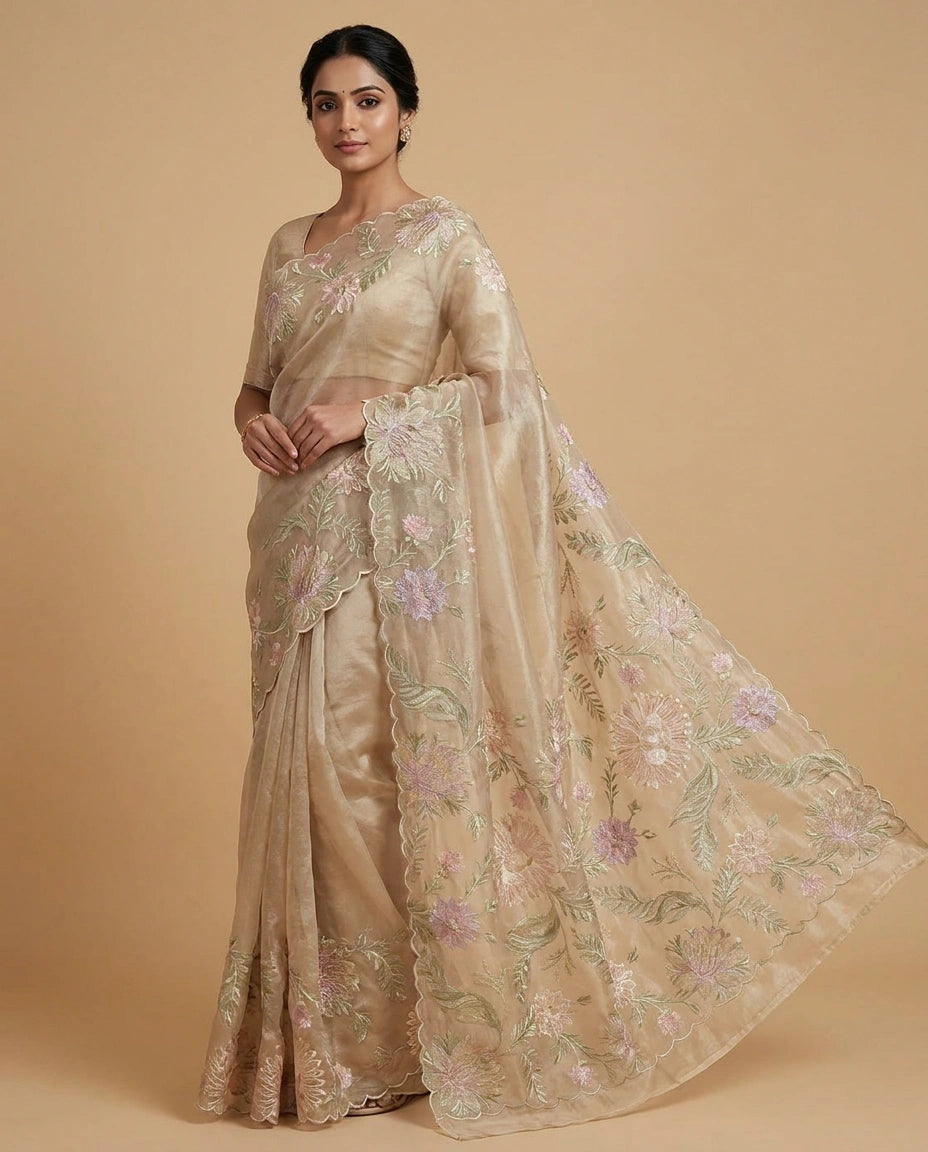 Crush Tissue Saree with Hand-Embroidered Zari Floral Work