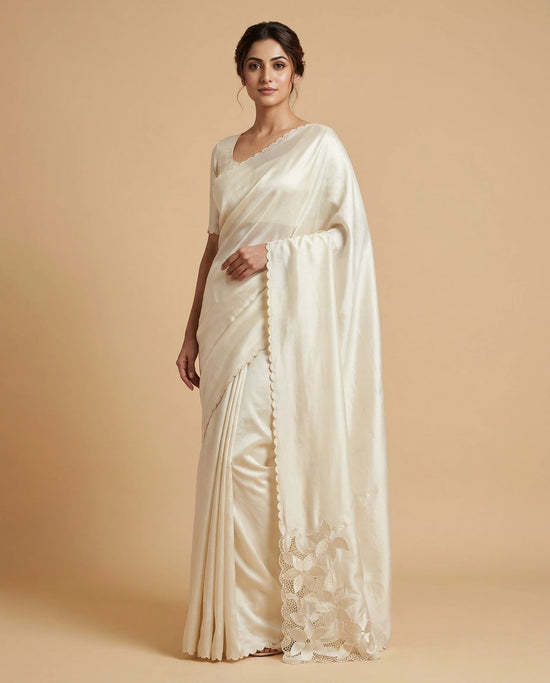 Off White Chiffon Saree with Hand-Applied Sequin and Thread Border