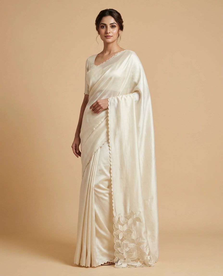 Off White Chiffon Saree with Hand-Applied Sequin and Thread Border