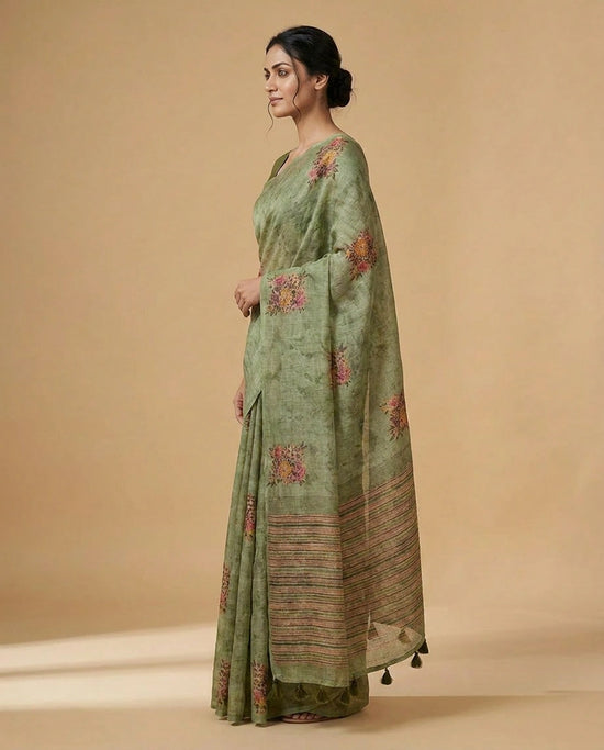 Linen Tissue Embroidered Saree with Sequin Floral Work - Rangoli India