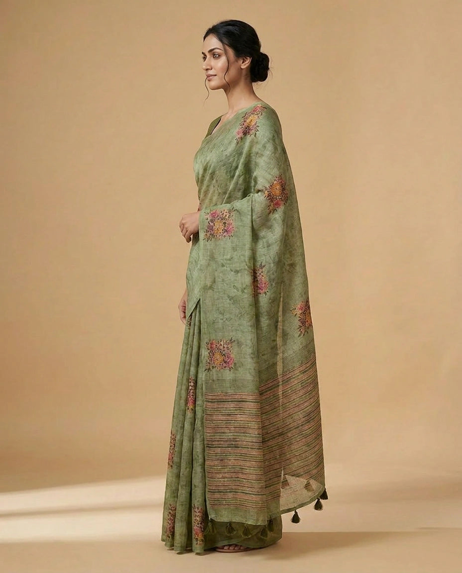 Linen Tissue Saree with Hand-Embroidered Zari Floral Border by Rangoli