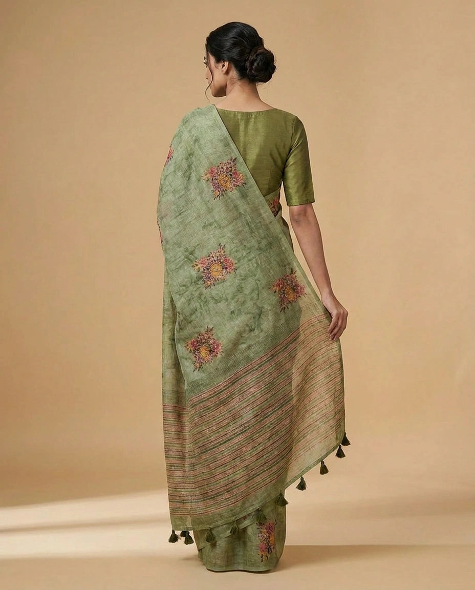 Linen Tissue Saree with Hand-Embroidered Zari Floral Border by Rangoli
