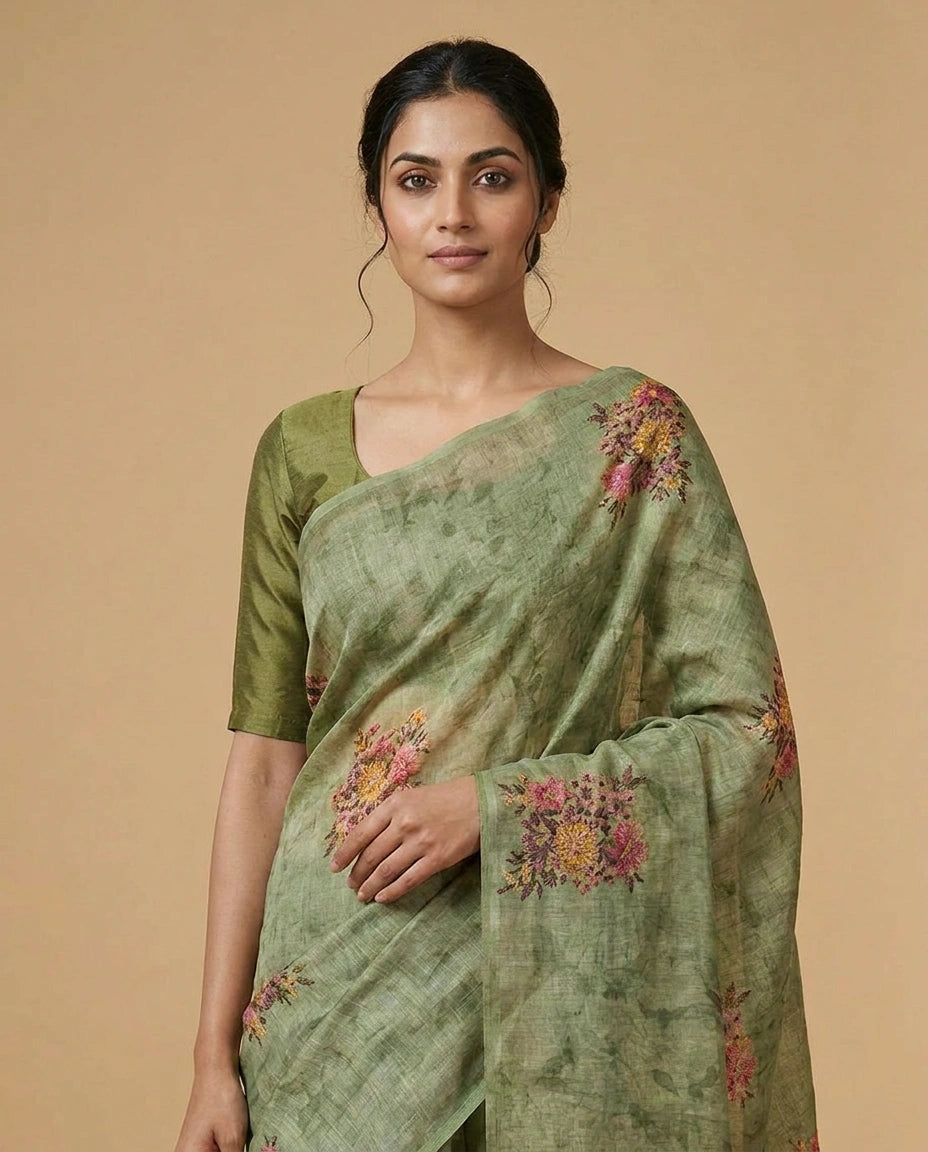 Linen Tissue Saree with Hand-Embroidered Zari Floral Border