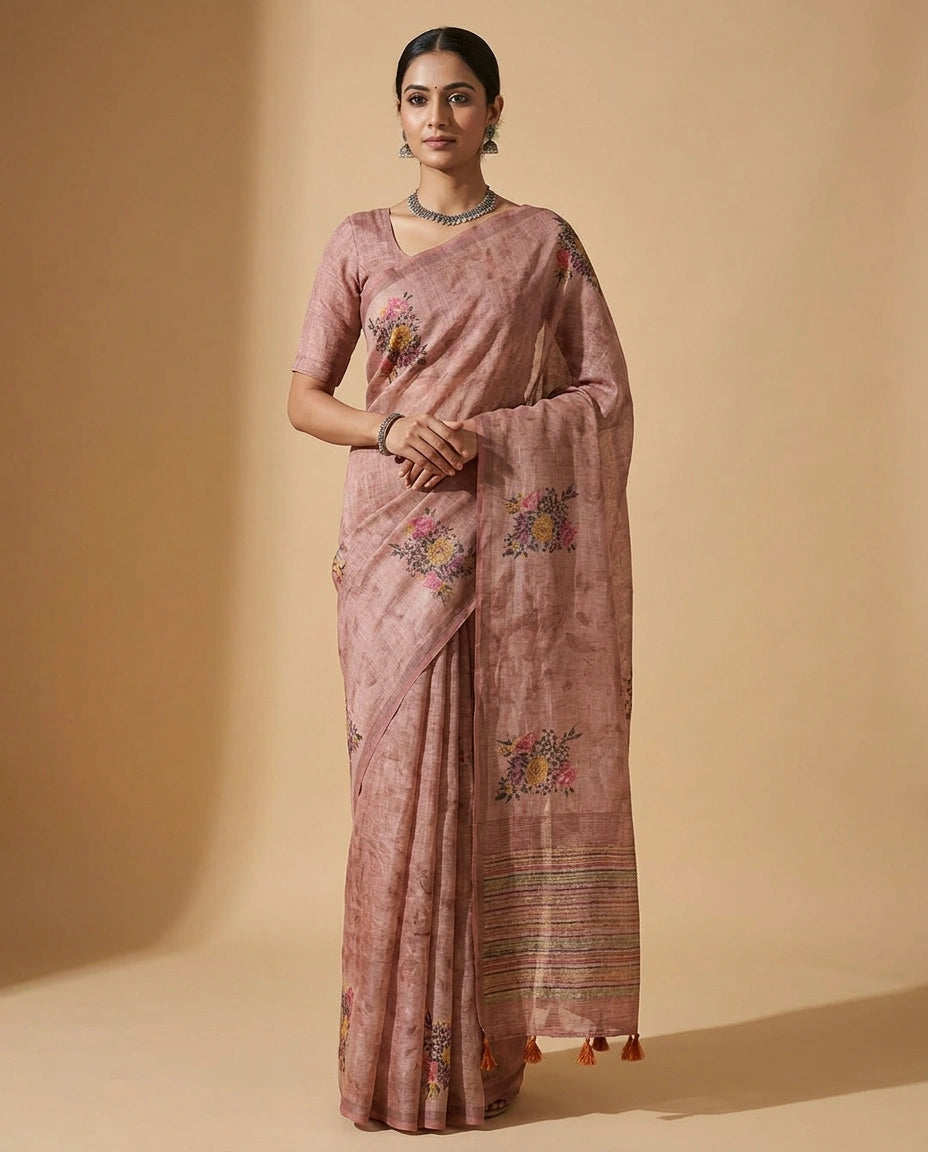Linen Tissue Saree with Hand-Embroidered Zari Floral Border by Rangoli