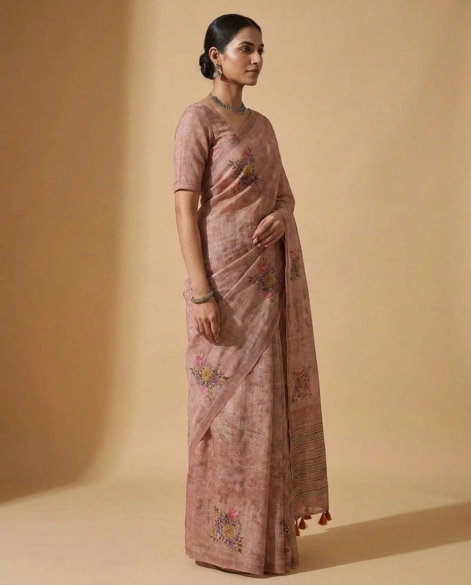 Linen Tissue Saree with Hand-Embroidered Zari Floral Border by Rangoli