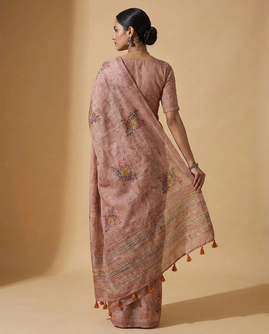 Linen Tissue Saree with Hand-Embroidered Zari Floral Border by Rangoli