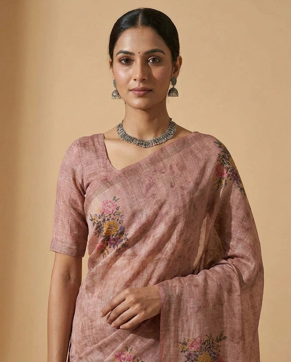 Linen Tissue Saree with Hand-Embroidered Zari Floral Border by Rangoli