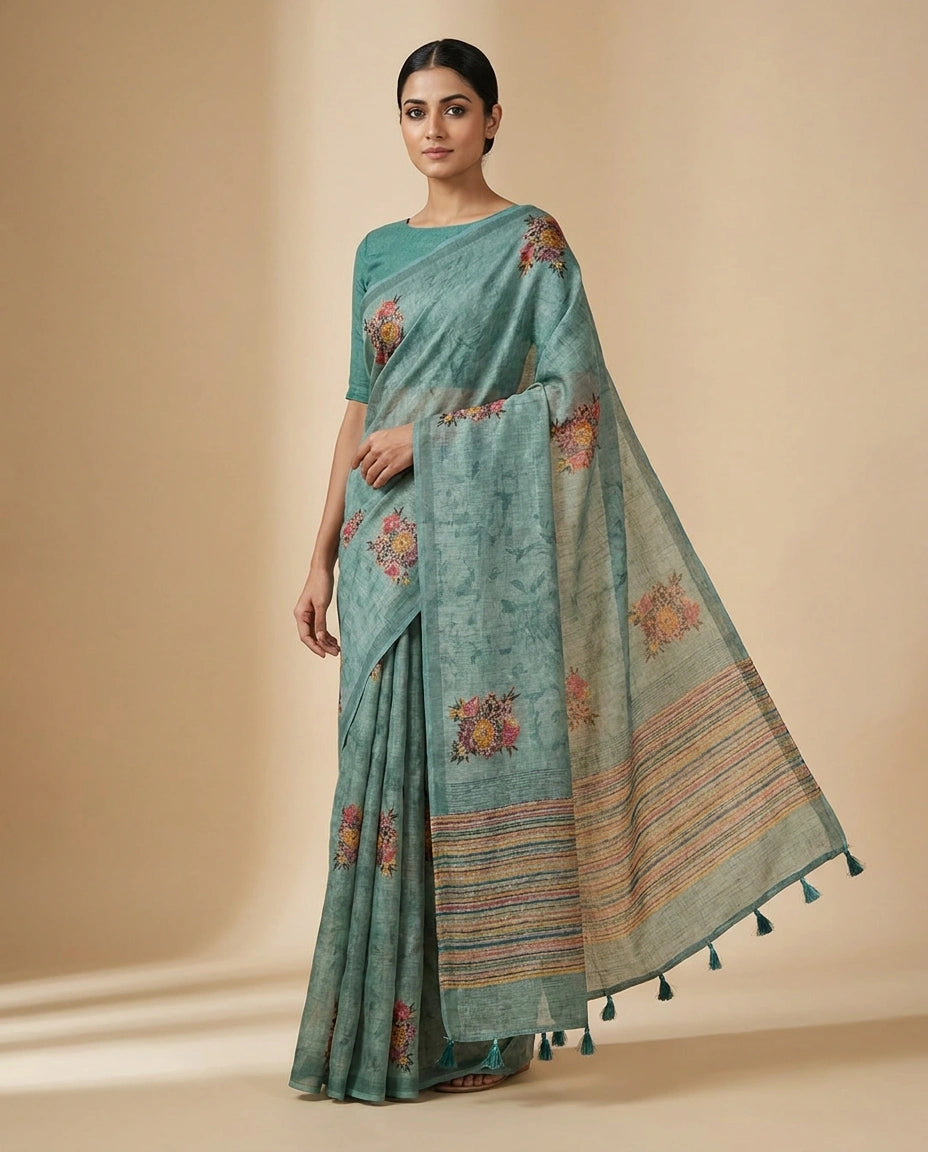 Linen Tissue Saree with Hand-Embroidered Zari Floral Border by Rangoli
